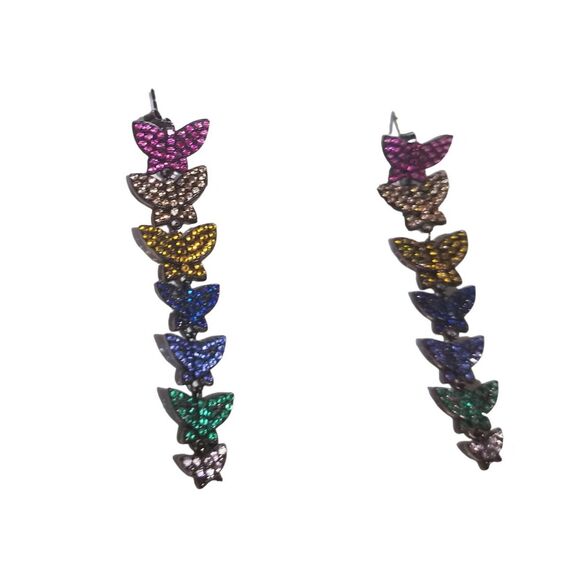 Sparkly Colorful Rhinestone Rainbow Pavé Crystals Dangling Butterfly Earrings - Picture 6 of 6